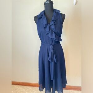Raulph Lauren Chiffon Wrap Dress Blue Womens Sz 8 Ruffle Midi Sleeveless